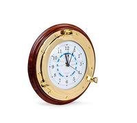 Nagina International Horloge marée nautique avec hublot en laiton et base en bois - Captain Maritime Beach Décoration d'intérieur Cadeau (30,5 cm)