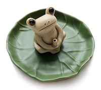 Nagu - Brûleur d'encens 100% Fait Main en céramique, Petite Grenouille, Plateau en Feuille de Lotus, Mini Statue d'animal Mignon pour la Maison