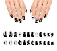 NAHGDU 24 Ongles Gel Autocollants Uv Noir Et Blanc Fantômes Longs Nail Art Manucure