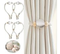 NAHUAA Embrase de Rideaux Aimanté Attache Rideau Beige Embrasse pour Rideaux Magnetique en Bois Embrasse Rideau Boheme en Coton Tressé pour Bureau, Domicile, Hôtel, Lot de 4