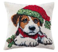 NAHUIGOOD Coussin Point De Croix Taie D'Oreiller,Bonnet De Père Noël, Chien 45X45Cm Point De Croix De Taie D'Oreiller 11Ct Cross Stitch Embroidery Starter,De Couture À La Main Pour Adultes