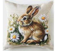 NAHUIGOOD Coussin Point De Croix Taie D'Oreiller,Chrysanthèmes, Petit Lapin 45X45Cm Point De Croix De Taie D'Oreiller 11Ct Cross Stitch Embroidery Starter,De Couture À La Main Pour Adultes