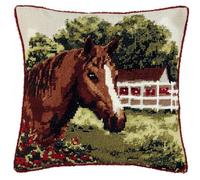 NAHUIGOOD Diy Kit Broderie Point De Croix,Chevaux À La Ferme 45X45Cm Point De Croix De Taie D'Oreiller 11Ct Cross Stitch Embroidery Starter,De Couture À La Main Pour Adultes