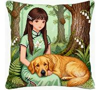 NAHUIGOOD Diy Kit Broderie Point De Croix,Fille Et Golden Retriever 45X45Cm Point De Croix De Taie D'Oreiller 11Ct Cross Stitch Embroidery Starter,De Couture À La Main Pour Adultes