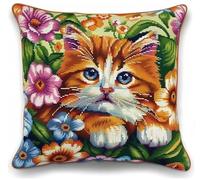 NAHUIGOOD Diy Kit Broderie Point De Croix,Gartenkätzchen 45X45Cm Point De Croix De Taie D'Oreiller 11Ct Cross Stitch Embroidery Starter,De Couture À La Main Pour Adultes