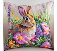 NAHUIGOOD Diy Kit Broderie Point De Croix,Une Mer De Fleurs, Un Petit Lapin 45X45Cm Coussin Point De Croixde Broderie Autaie D'Oreiller,Diy Loisir Créatif