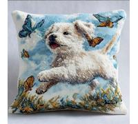 NAHUIGOOD Kit De Broderie Au Point De Croix Pré-Imprimé Papillon Et Chien 45X45Cm Point De Croix De Taie D'Oreiller 11Ct Cross Stitch Embroidery Starter,De Couture À La Main Pour Adultes