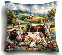 NAHUIGOOD Kit De Broderie Au Point De Croix Pré-Imprimé Vaches Laitières De La Ferme 45X45Cm Point De Croix De Taie D'Oreiller 11Ct Cross Stitch Embroidery Starter,De Couture À La Main Pour Adultes