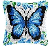 NAHUIGOOD Kit Point Noué Coussin, Crochet De Verrouillage Kits De Coussins Avec Crochet, Tapis Point Noué À Faire, Coussin Au Point Noué Papillon Bleu 43X43Cm
