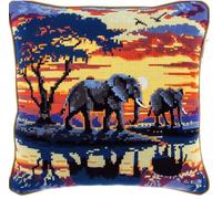 NAHUIGOOD Kits De Coussin Au Point De Croix Pour Les Éléphant Au Coucher Du Soleil 45X45Cm Point De Croix De Taie D'Oreiller 11Ct Cross Stitch Embroidery Starter,De Couture À La Main Pour Adultes