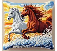 NAHUIGOOD Kits De Coussin Au Point De Croix Pour Les Laufendes Pferd 45X45Cm Point De Croix De Taie D'Oreiller 11Ct Cross Stitch Embroidery Starter,De Couture À La Main Pour Adultes