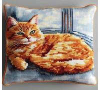 NAHUIGOOD Kits De Coussin Au Point De Croix Pour Les Süße Orange Katze 45X45Cm Point De Croix De Taie D'Oreiller 11Ct Cross Stitch Embroidery Starter,De Couture À La Main Pour Adultes