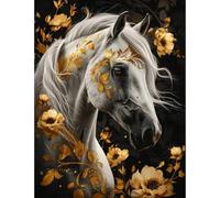 NAHUIGOOD point de croix kit complet,Fleurs dorées, cheval blanc 11CT40x50cm,canevas debutant broderie imprimé kits de broderie estampillés pour adultes décoration murale