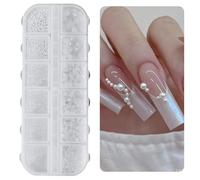 Nail Art Strass 1 Boîte, Nail Charms, 12 Types de Perles Blanches Pour Ongles, Flatback Rhinestones, Petites Perles en Acier Inoxydable, Décoration d'Ongles, Accessoires d'Ongles
