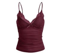 Naileksi Débardeur Y2k avec Bordure en Dentelle et Bretelles Spaghetti, col en V, nœud froncé, Patchwork, Bordeaux, Taille S