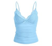 Naileksi Débardeur Y2k avec bordure en dentelle et bretelles spaghetti, col en V, nœud froncé, patchwork, bleu bébé, Taille L