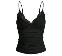 Naileksi Débardeur Y2k avec Bordure en Dentelle et Bretelles Spaghetti, col en V, nœud froncé, Patchwork, Noir, Taille L