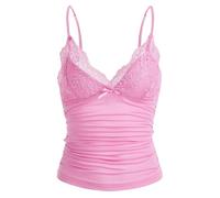 Naileksi Débardeur Y2k avec bordure en dentelle et bretelles spaghetti, col en V, nœud froncé, patchwork, rose bébé, Taille L