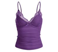 Naileksi Débardeur Y2k avec bordure en dentelle et bretelles spaghetti, col en V, nœud froncé, patchwork, violet, Taille L