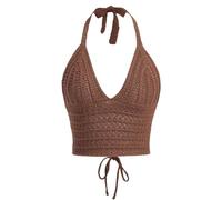 Naileksi Haut court à lacets dos nu en crochet Y2k pour femme Coupe ajustée Sans manches Col en V Dos nu, marron, Taille M