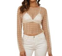 Naileksi Haut Court en Maille Transparente avec Perles et Strass pour Femme - Manches Longues - Coupe ajustée, Marron Clair, Taille S