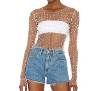 Naileksi Haut Court en Maille Transparente avec Perles et Strass pour Femme - Manches Longues - Coupe ajustée, Nude, Small