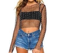 Naileksi Haut court en maille transparente avec perles et strass pour femme - Manches longues - Coupe ajustée, noir, Taille S