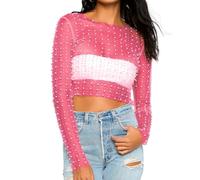 Naileksi Haut court en maille transparente avec perles et strass pour femme - Manches longues - Coupe ajustée, rose vif, Taille S