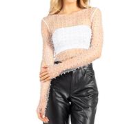 Naileksi Haut court en maille transparente avec perles et strass pour femme - Manches longues - Coupe ajustée, blanc, Taille M
