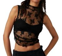 Naileksi Haut Court sans Manches en Dentelle Transparente pour Femme - Col Montant froncé sur Le côté - Coupe ajustée - Motif Floral, Noir, Taille S