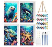 NAIMOER 4 Pièces Animaux Marins Peinture par Numéros pour Adulte avec Cadre Chevalet, Paysage Tortues Marines Requins Peinture Numéros Enfants, Cadeaux Décoration Maison 20x30cm