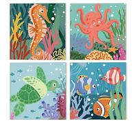 NAIMOER 4 Pièces Cartoon Peinture par Numéros Poulpe Tortue pour Adulte avec Cadre, Peinture Numéros Mignons Océan Animaux Enfants 8-12 ans, Cadeaux Décoration Maison 20x20cm