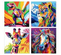 NAIMOER 4 Pièces Peinture par Numero avec Cadre Animaux Adulte Enfants, 8-12 ans Painting by Numbers, Pinceaux et Peintures Acryliques Cadeaux 20x20cm(Dinosaures, Chevaux, Girafe, Tigre)