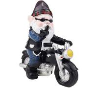 Nain de jardin biker en résine 12 x 13 cm, statuette étanche avec protection solaire pour terrasse et pelouse