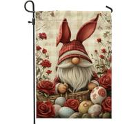 Nain de jardin en forme de lapin de Pâques, drapeau floral rouge pour décoration d'intérieur, drapeau de jardin, drapeau décoratif double face, décoration de pelouse pour printemps, vacances