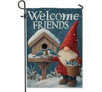 Nain de jardin, nichoir rustique, neige, hiver, bleu, double face, en toile de jute, drapeaux décoratifs pour extérieur, porche, pelouse, terrasse, 30,5 x 45,7 cm