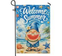 Nain de jardin, plage d'été, pastèque, étoile de mer, toile de jute bleue d'été, drapeaux décoratifs double face pour extérieur, porche, pelouse, terrasse, 30,5 x 45,7 cm