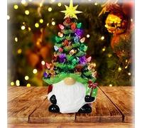Nain de Noël lumineux - Mini nain de Noël pré-éclairé tenant un sapin avec 46 lumières LED multicolores, décoration de vacances en résine et plastique pour intérieur et extérieur