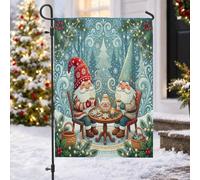 Nain de thé confortable sur le thème de l'hiver - Drapeau de jardin de Noël | Scène de forêt d'hiver, drapeau de cour, motif heure du thé, personnages de nains fantaisie, décoration saisonnière