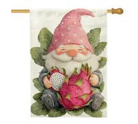 Nain mignon avec dragon fruit de jardin, bannière de décoration extérieure pêche et vert, drapeau de cour double face en toile de jute pour décoration de pelouse de fête de printemps et d'été, 71,1 x