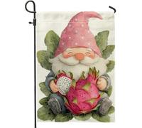 Nain mignon avec dragon fruit de jardin, bannière de décoration extérieure pêche et vert, drapeau de cour double face en toile de jute pour décoration de pelouse de fête de printemps et d'été, 30,5 x