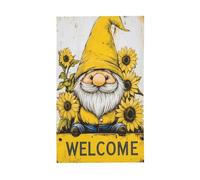 Nain mignon avec tournesols chapeau jaune drapeaux de cour, maison, bannière de vœux avec œillets, décoration d'intérieur et d'extérieur