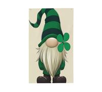 Nain mignon portant un chapeau rayé vert et noir, drapeaux de cour, maison, bannière de vœux avec œillets, décoration d'intérieur et d'extérieur