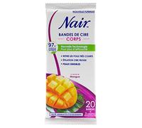 Nair - 20 Bandes de cire froide mangue - Epilation jambes - Ultra rapide & efficace sur poils très courts - 2 lingettes finition