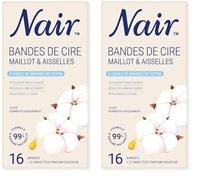 Nair Bandes de Cire Froide, pour le maillot et les aisselles, kit à domicile pour femmes, enrichie en huile de graines de coton, 16 bandes et 2 soins finition douceur. (Lot de 2)