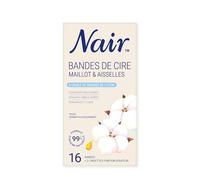 Nair Bandes de Cire Froide, pour le maillot et les aisselles, kit à domicile pour femmes, enrichie en huile de graines de coton, 16 bandes et 2 soins finition douceur.