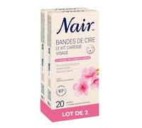 NAIR Kit Caresse - Bandes de Cire Froide Visage, Faciles à Séparer & Adaptées aux Peaux Sensibles, Formule 97% d'Origine Naturelle à l'Extrait de Fleurs de Cerisier, 2 paquets de 20 Bandes de Cire