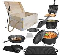 NAIZY BBQ Dutch Oven, Accessoires de gril avec plaque de gril, poêle à frire, casserole à manche, gaufrier en fonte, lève-couvercle et gants, Set de 12 pièces, Casserole en fonte cuite au four 3,6 lit