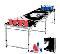 NAIZY Bierpong Tables pour fêtes Beer Pong Table avec 100 tasses (50 rouges et 50 bleues), 5 balles de qualité supérieure réglable en hauteur en aluminium et MDF - Noir 242 x 62 cm