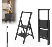NAIZY Escabeau 2 marches pliable avec main courante, Escabeau de ménage, Marches élargies antidérapantes, Charge jusqu'à 250KG, Escabeau pour ménage, bureau, cuisine, Noir